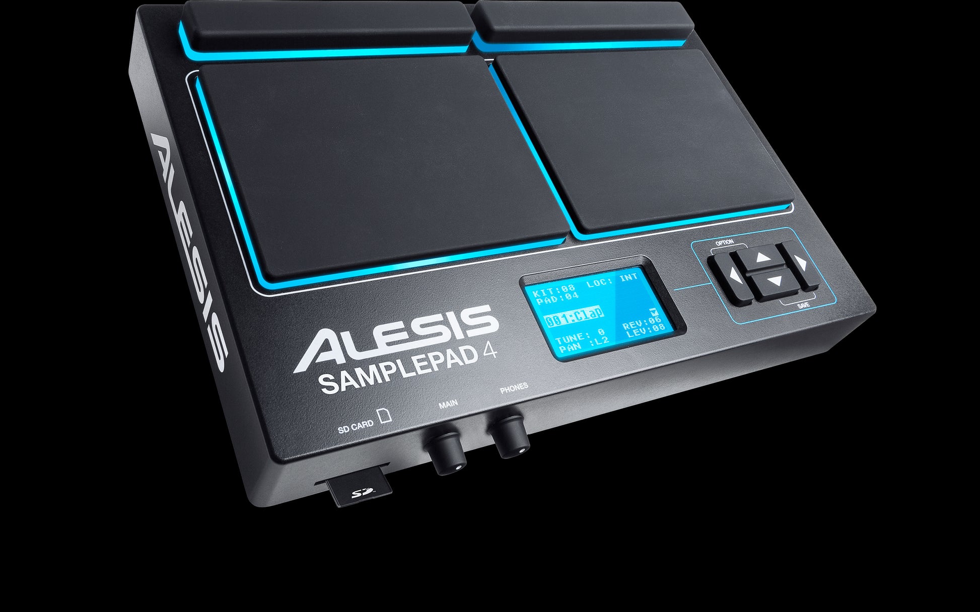 Alesis Sample Pad 4, a 4-pad percussion and sample-triggering instrument, shown from the left angle.