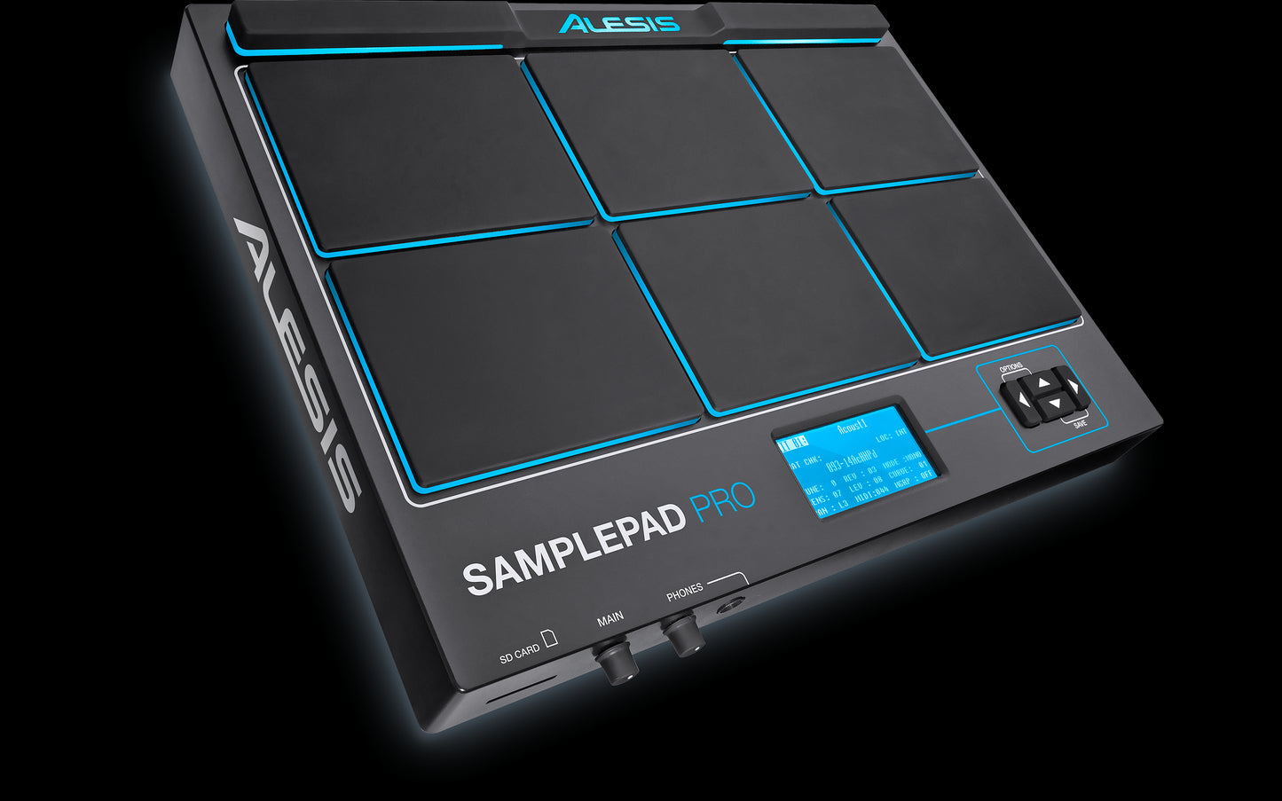 Alesis Sample Pad Pro, an all-in-one 8-pad percussion instrument showcasing its left angle view, featuring an expansive sound library.