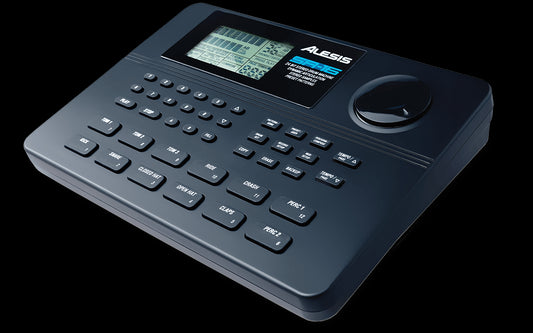 Alesis SR16 drum machine showcasing its angled design, featuring MIDI support and built-in effects.