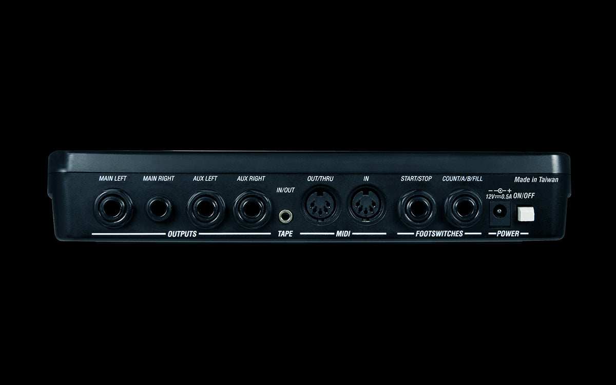 Alesis SR16 drum machine showcasing its back panel with MIDI support and built-in effects.