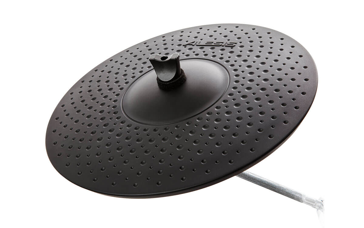 Alesis Strike Pro SE electronic drum kit featuring a 14-inch cymbal, showcasing the premium white mesh head design.