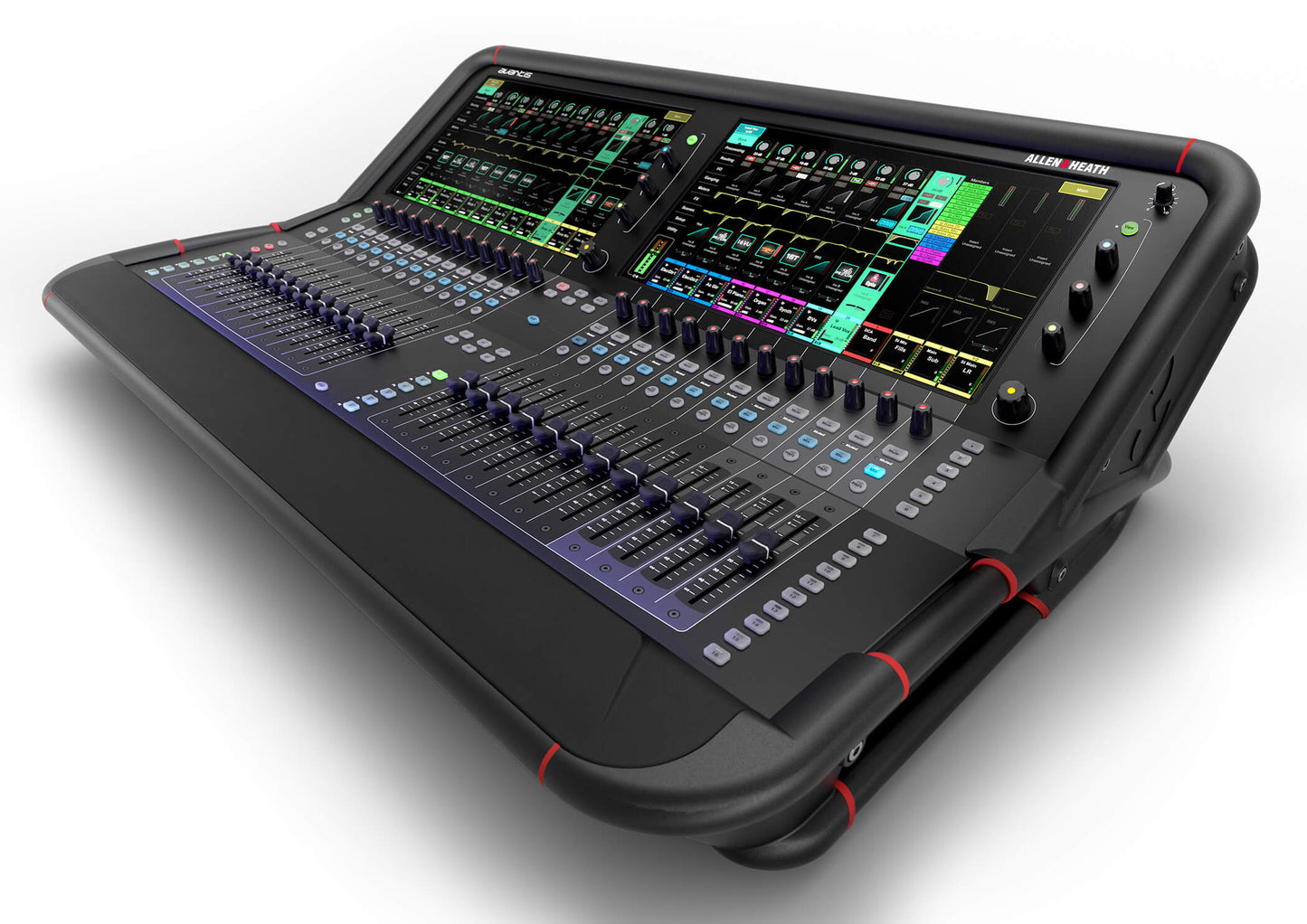 Allen & Heath Avantis digital mixing console featuring 24 faders and dual 15.6 inch touchscreens, showcasing its sleek design and functionality.