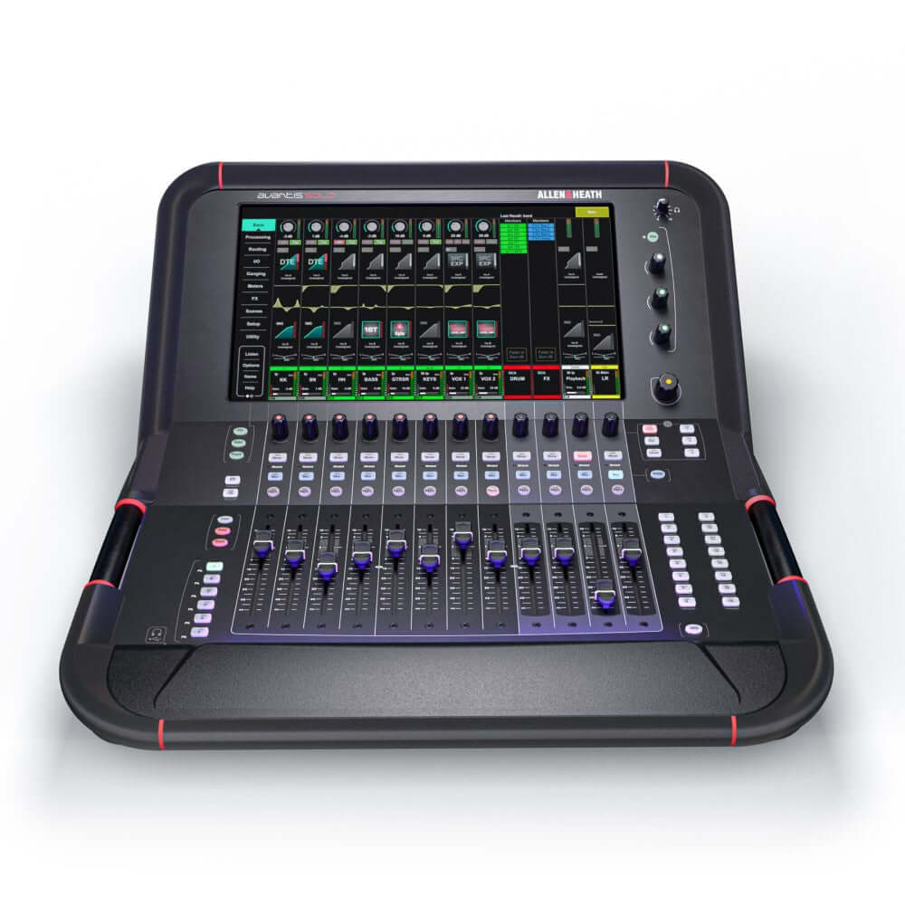 Allen & Heath Avantis Solo digital mixing console featuring 12 faders and a 15.6-inch touchscreen display.