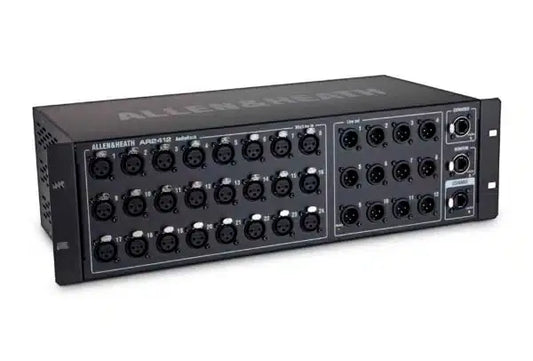 Allen & Heath GLD-AR2412 audio rack showcasing 24 XLR inputs and 12 XLR outputs in a three-quarter view.