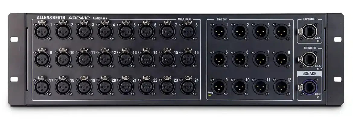 Allen & Heath GLD-AR2412 audio rack featuring 24 XLR inputs and 12 XLR outputs, designed for Qu Series, displayed in a professional setting.