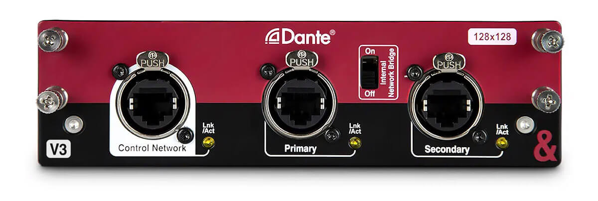 Allen & Heath M-DL-DANT128-AX Dante Audio Networking Module for Avantis, showcasing the front view of the module.