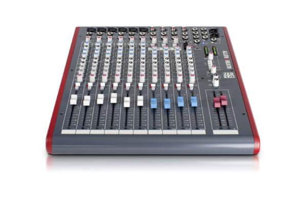 Allen & Heath ZED-14 14 Channel Mixer with USB, featuring 6 mono and 4 stereo channels, shown from an angled perspective.