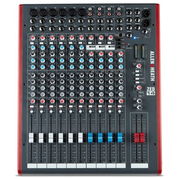 Allen & Heath ZED-14 14 Channel Mixer with USB, featuring 6 mono and 4 stereo channels.
