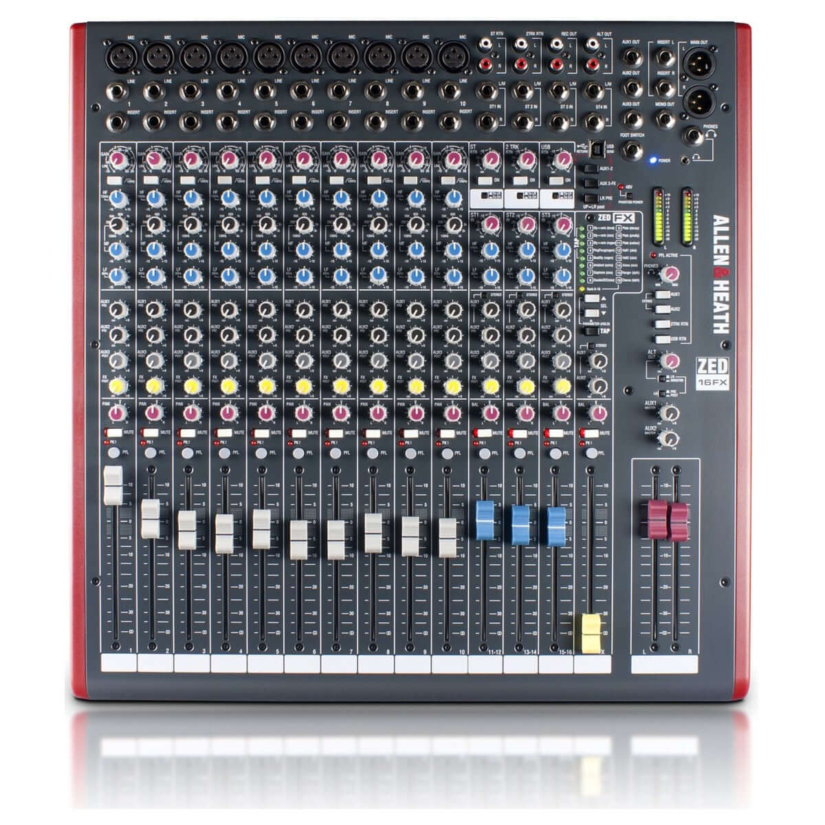 Allen & Heath ZED-16FX 16 Channel Mixer with FX featuring 10 Mic/Line inputs, 3 Stereo inputs, and USB connectivity.