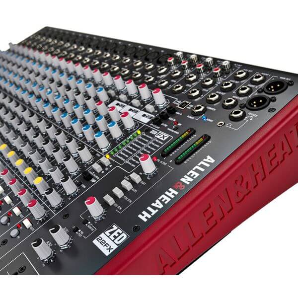 Allen & Heath ZED-22FX 22 Channel Mixer featuring 16 Mic/Line inputs, 3 Stereo channels, and USB connectivity.