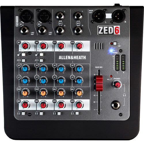 Allen & Heath ZED-6, a 6 channel mixer featuring 2 mic/line inputs, 2 stereo inputs, and 2 direct inputs, displayed in a clear image.