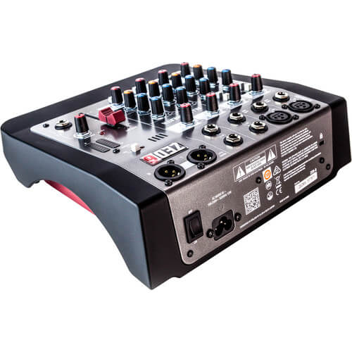 Allen & Heath ZED-6 6 Channel Mixer featuring 2 Mic/Line inputs, 2 Stereo inputs, and 2 Direct Inputs.