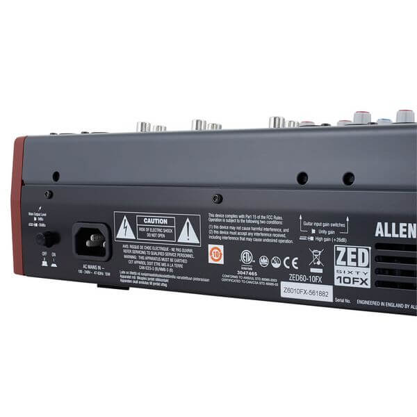Allen & Heath ZED60-10FX 10 channel mixer featuring 4 mic/line inputs, 2 stereo inputs, and USB connectivity.