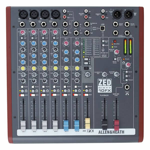 Allen & Heath ZED60-10FX 10 Channel Mixer with FX featuring 4 Mic/Line inputs, 2 Stereo inputs, and USB connectivity.