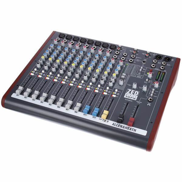 Allen & Heath ZED60-14FX 14 Channel Mixer with FX featuring 8 Mic/Line inputs, 2 Stereo inputs, 2 Aux sends, and USB connectivity.