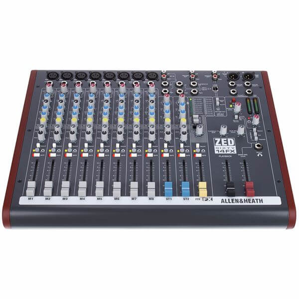Allen & Heath ZED60-14FX 14 Channel Mixer with FX featuring 8 Mic/Line inputs, 2 Stereo inputs, 2 Aux sends, and USB connectivity.