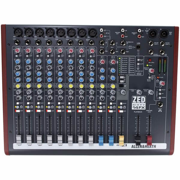 Allen & Heath ZED60-14FX 14 Channel Mixer with FX featuring 8 Mic/Line inputs, 2 Stereo inputs, 2 Aux sends, and USB connectivity.