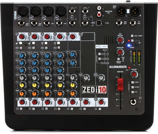 Allen & Heath ZEDi-10 10 Channel Mixer with USB featuring 4 Mic/Line inputs, 2 Stereo inputs, and 2 Direct Inputs.