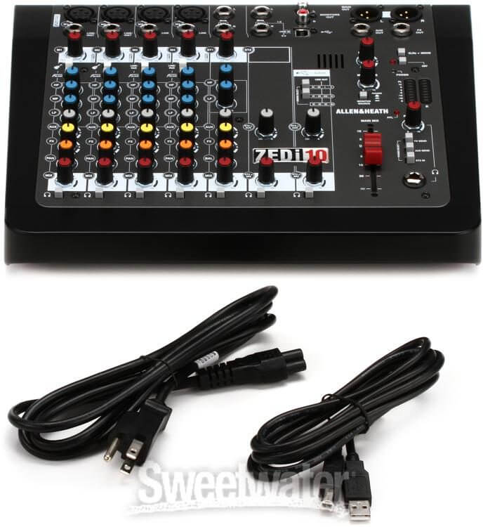 Close-up view of the Allen & Heath ZEDi-10, a 10 channel mixer featuring 4 mic/line inputs, 2 stereo inputs, and 2 direct inputs.