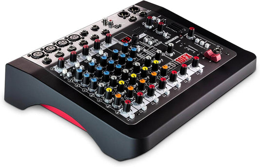 Allen & Heath ZEDi-10FX 10 Channel Mixer with FX and USB featuring 4 Mic/Line inputs, 2 Stereo channels, and 2 Direct Inputs.