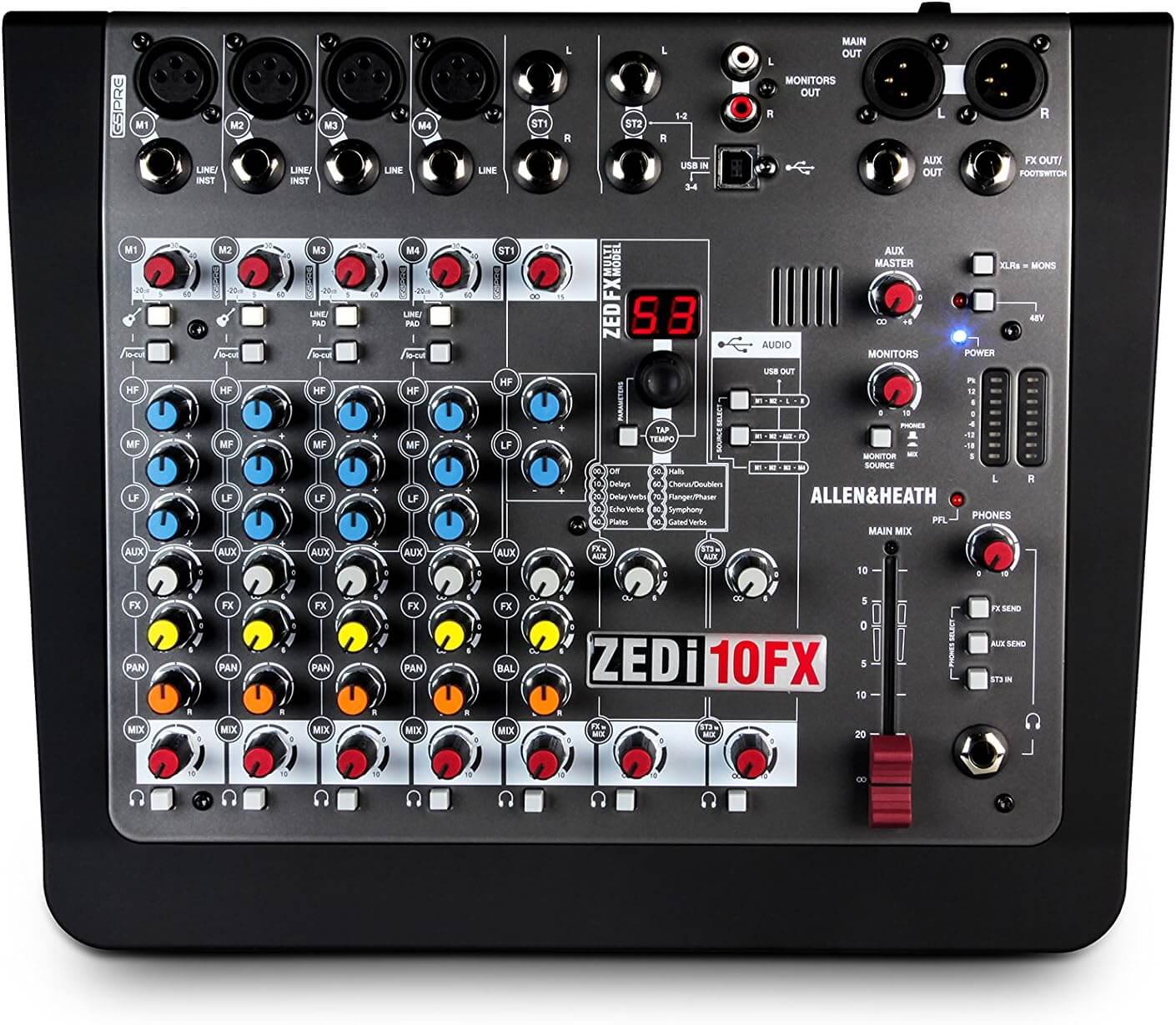 Allen & Heath ZEDi-10FX 10 Channel Mixer with FX and USB, featuring 4 Mic/Line inputs, 2 Stereo inputs, and 2 DI inputs.
