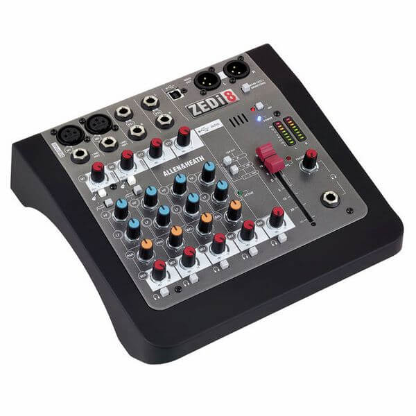 Allen & Heath ZEDi-8, an 8 channel mixer with USB connectivity featuring 2 mic/line inputs, 2 stereo inputs, and 2 direct inputs.