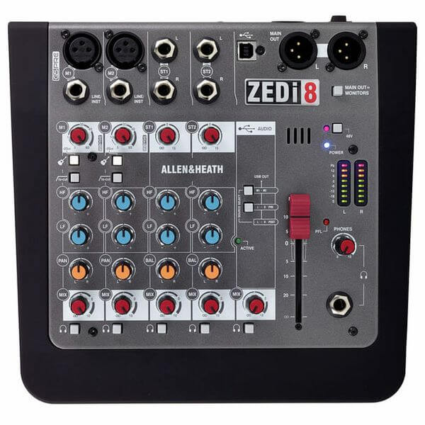 Allen & Heath ZEDi-8, an 8 channel mixer with USB connectivity, featuring 2 mic/line inputs, 2 stereo inputs, and 2 DI inputs.
