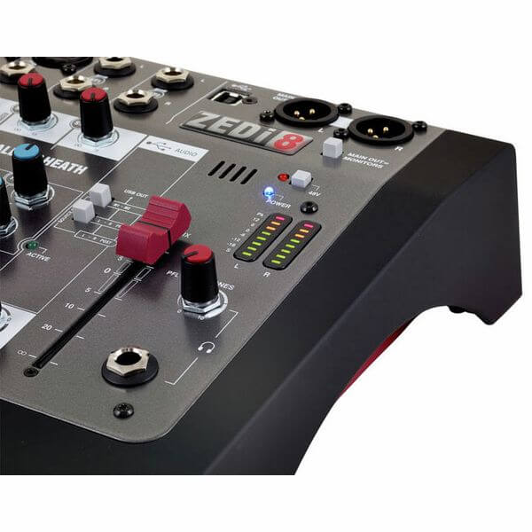 Allen & Heath ZEDi-8 8 Channel Mixer with USB featuring 2 Mic/Line inputs, 2 Stereo inputs, and 2 Direct Inputs.