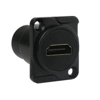 Amphenol HDMI-HDMI feedthrough D type panel mount connector with a black finish