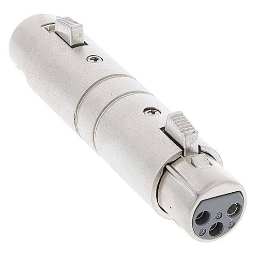 Amphenol AC3F3FW XLR Female to Female Adapter with a nickel finish, shown in a close-up view.
