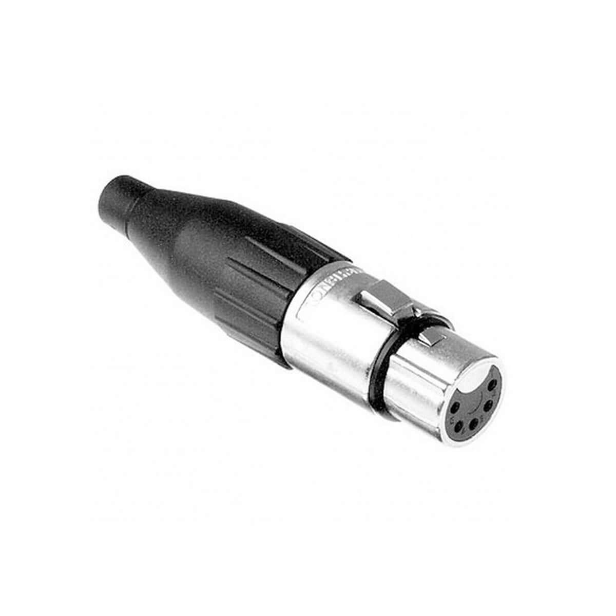 Amphenol AC5F Female XLR 5 Inline Connector showcasing machined contacts and a nickel finish.