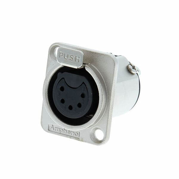 Image of an Amphenol AC5FDZ Female XLR 5-Pin Chassis Mount featuring machined contacts and a nickel finish.