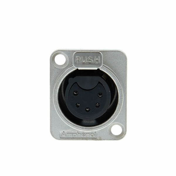 Amphenol AC5FDZ Female XLR 5-Pin Chassis Mount featuring machined contacts and a nickel finish.