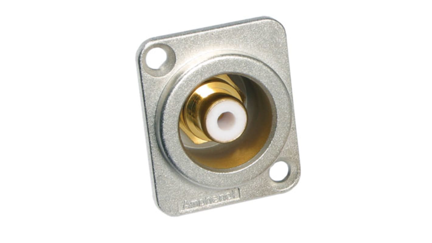 Amphenol RCA chassis mount connector featuring gold plated contacts and a white insulator.