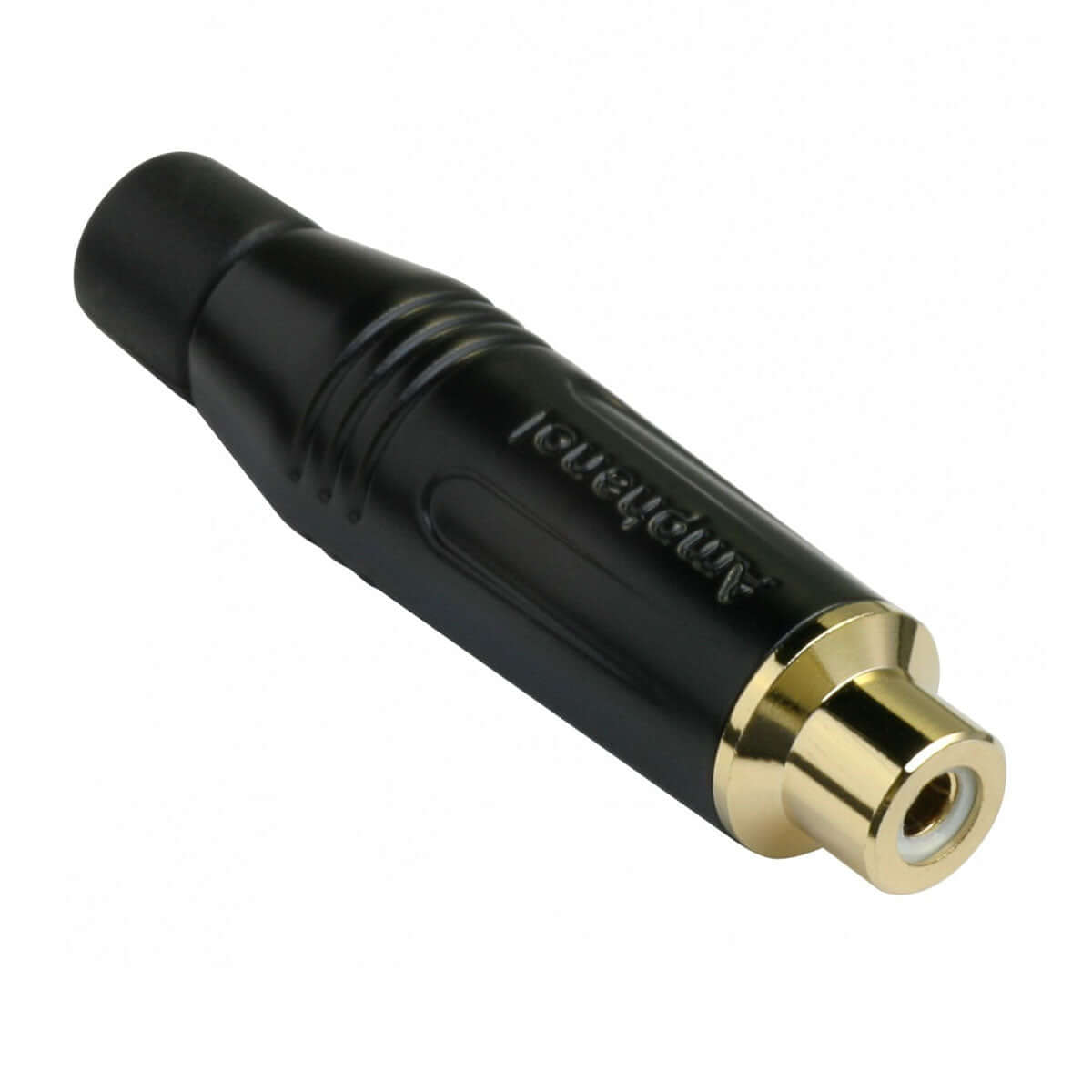 Amphenol ACJR RCA Female Inline Connector featuring gold plated contacts and a black diecast shell.