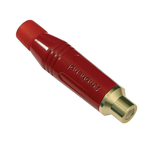 Amphenol ACJR RCA Female Inline Connector with gold plated contacts, featuring a red design.