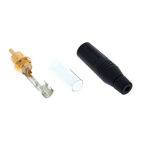 Amphenol RCA Male Connector with inline design, featuring gold plated contacts and a black housing.