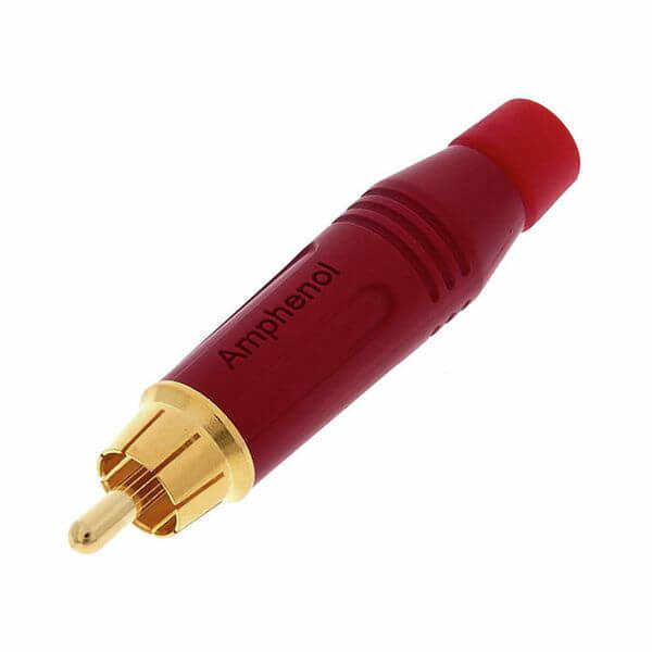 Amphenol ACPR-RED RCA Male Connector with gold plated contacts in a red inline design.