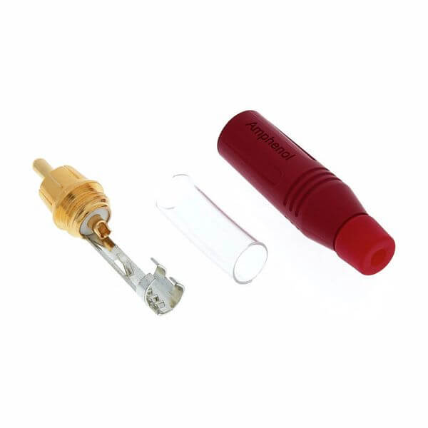 Amphenol ACPR-RED RCA Male Connector with Gold Plated Contacts, featuring a red inline design.
