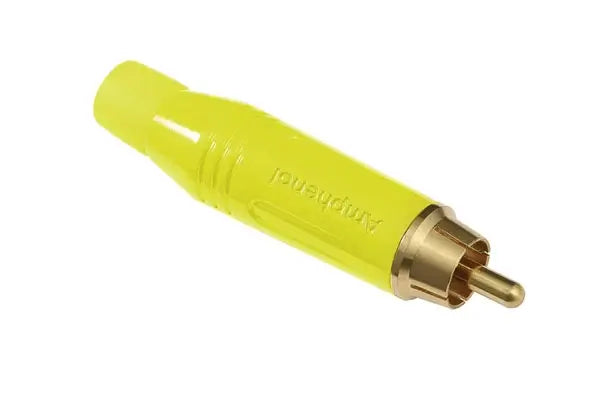 Amphenol ACPR-YEL RCA Male Connector with Gold Plated Contacts in yellow finish, designed for inline use.