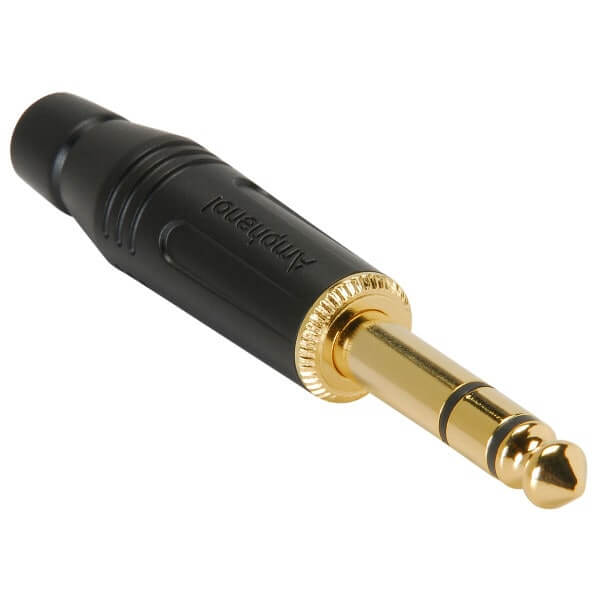 Amphenol ACPS-GB-AU 1/4 inch stereo phone plug connector with diecast shell in black and gold contacts.