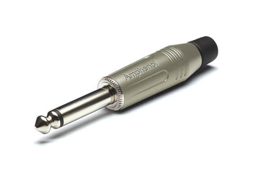 Amphenol stereo jack plug with a diecast shell and nickel finish, featuring a 90-degree angle for high-quality audio connections.
