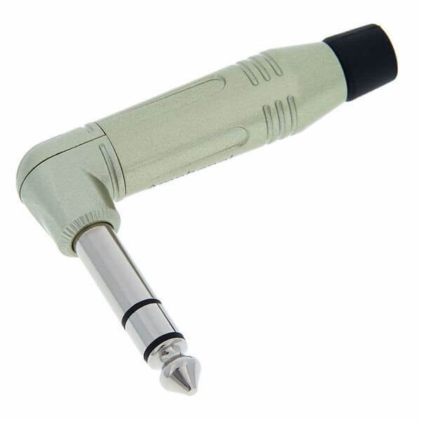Amphenol ACPS-RN 6.3mm stereo jack plug with a black diecast shell at a 90-degree angle.