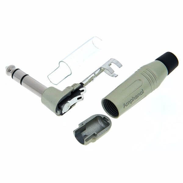 Amphenol ACPS-RN 6.3mm stereo jack plug with diecast shell in black, featuring a 90 degree angle.