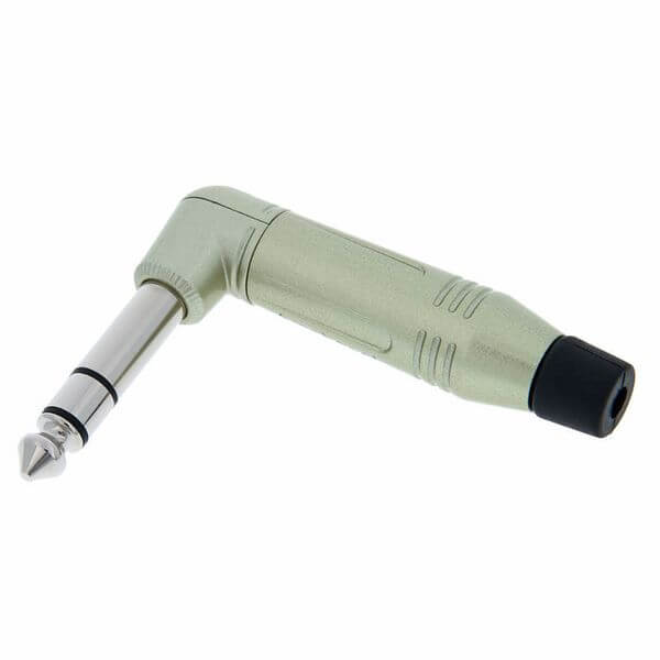 Amphenol ACPS-RN 6.3mm stereo jack plug with diecast shell in black color, featuring a 90 degree angle design.