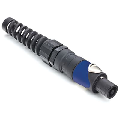 Amphenol SP-4-FL 4 Pole Loudspeaker Cable Connector with a blue sleeve and PG gland strain relief.