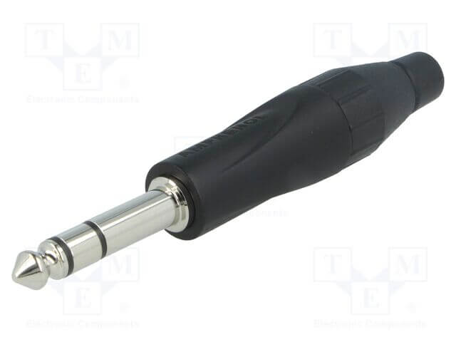 Amphenol TS3PB 1/4 inch stereo jack thermoplastic connector male cable plug with a black finish.