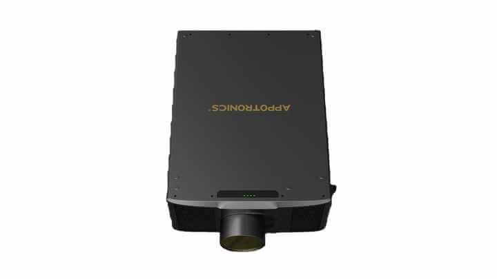 Appotronics AL-TU22KA DLP projector showcasing its design, highlighting features like 22000 lumens brightness and 100,000:1 contrast ratio.