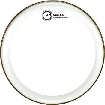 Aquarian 13 inch New Orleans Special Snare Head, clear 10mil single ply with power dot, displayed on a white background.