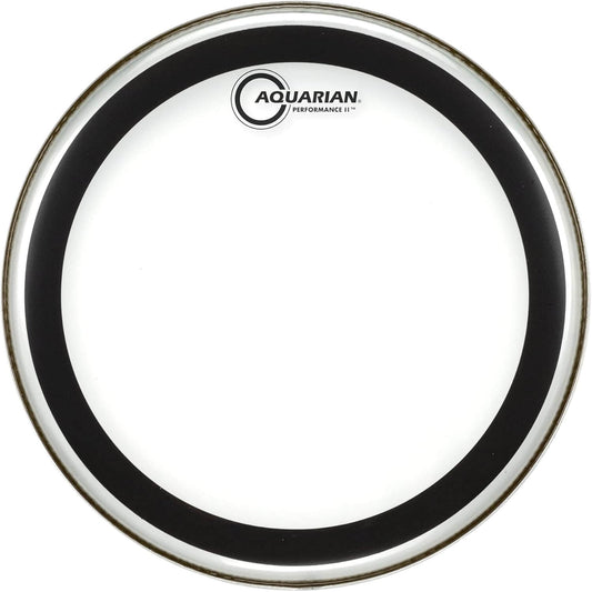 Aquarian 13-inch Performance II clear two-ply drumhead for tom toms, showcasing its transparent design and quality construction.